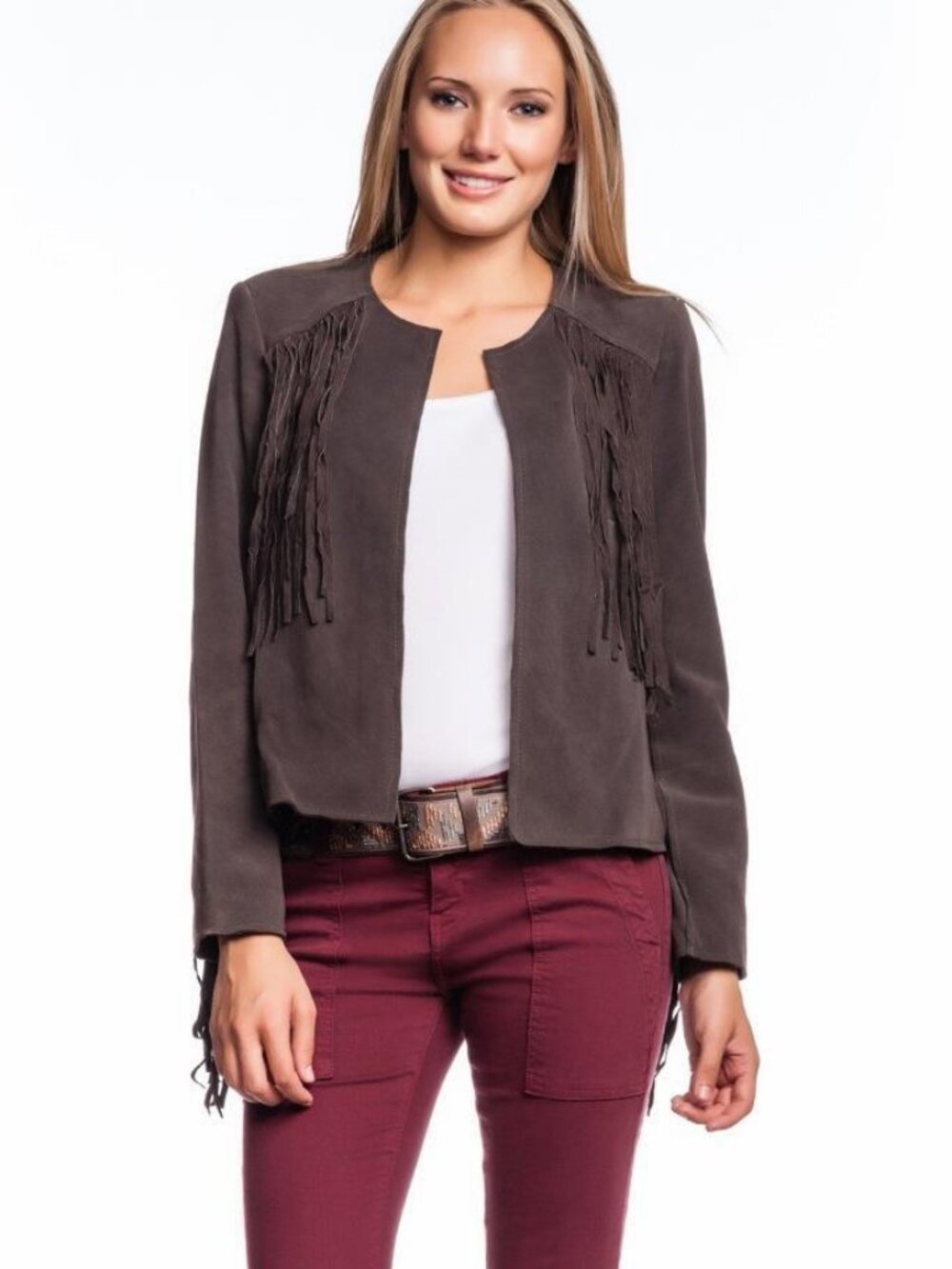 NWT OF TWO MINDS Jayelo Jacket CHARCOAL Cowgirl Country Suede Fringed Open Brown